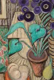 Aquarium, lampe et plante verte by Juliette Roche, circa 1920-1930, Huile sur toile, sold Apr 2023
