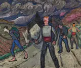 Paysans sur une route by Juliette Roche, circa 1912-1913, Huile sur toile, sold Apr 2023