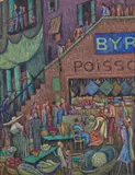 Marché à Avignon by Juliette Roche, circa 1945-1950, Huile sur carton, sold Apr 2023