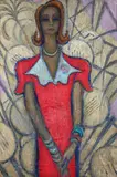 Femme à la robe rouge by Juliette Roche, circa 1950, Huile sur toile, sold Apr 2023