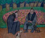 Vieilles femmes et chiens dans un jardin by Juliette Roche, circa 1911-1912, Huile sur carton, sold Apr 2023