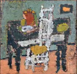Table noire et chaise blanche by Jean Puni dit Pougny, 1956, Huile sur toile marouflée sur panneau, sold Apr 2023