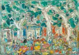 Marché sous les platanes, Vallauris by André Cottavoz, circa 1980, Huile sur toile, sold Apr 2023