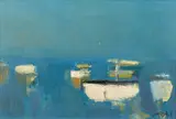 Les Barques by Roger Mühl, circa 1963, Huile sur toile, sold Apr 2023