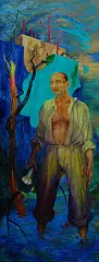 Man with torch by Ranbir Kaleka, Oil on wood, sold Nov 2008