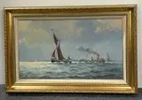 Untitled by Colin Moore, oil on canvas "Shipping off the Nor c.1920" Frame size. 75cm x 50cm, sold Apr 2024