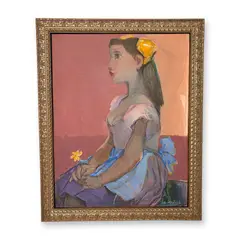 Figurative portrait of a young woman in left profile by Artemio Sepulveda, acrylic on canvas. The subject is depicted with a yellow bow in her dark hair, sold Jul 2026