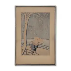 Untitled by Ohara Koson, woodblock print on paper titled Snow on Willow Bridge, sold Jul 2026
