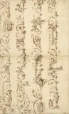 Etude de grotesques by dit il Maurino Mauro Tesi, Plume et encre brune, lavis gris, sold Feb 2023