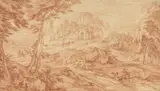 Paysage rocheux animé de personnages by dit l'Ainé Louis Silvestre, Sanguine, sold Feb 2023