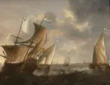 Départ d'un navire de la Compagnie néerlandaise des Indes orientales par gros temps by Jacob Adriaensz Bellevois, Huile sur panneau de chêne, quatre planches, parquetées, sold Feb 2023