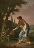 Jeune femme arrosant des roses by Nicolas-René Jollain, Huile sur panneau de chêne, une planche, sold Feb 2023