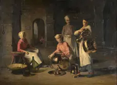 Marmitons astiquant les cuivres by Joseph Bail, Huile sur toile (Toile d'origine), sold Feb 2023