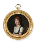 Jeune femme aux perles, un ruban rouge dans les cheveux by Augustin-Désiré Pajou, Cadre en bronze ciselé et doré à décor de feuilles d'eau et filet d'entrelacs, avec bélière, sold Jun 2023