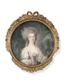 Portrait de la comtesse Helflinger, née O'Dunne, dans un paysage by Peter Adolf Hall, Cadre en bronze ciselé de trois couleurs à décor de fleurettes, sold Jun 2023