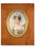 Femme à la robe blanche et à la ceinture rose, la coiffure ornée de fleurs by Jean-Baptiste Isabey, Aquarelle gouachée sur trait de crayon, de forme ovale, sold Jun 2023