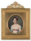 Femme à la robe blanche, ceinture rouge et châle bleu by Jean-Baptiste Jacques Augustin, Cadre rectangulaire en bronze ciselé et doré à décor de rinceaux, sold Jun 2023