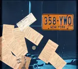 Chicago-NYC n°3 by Jacques Monory, 1978, Collage, pièce de monnaie et plaque d'immatriculation sur papier, sold Apr 2023