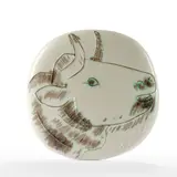 Profil de taureau - 1956 22 février (AR # 315) by Pablo Picasso, E.O terre de faïence blanche, gravure soulignée de paraffine oxydée, bain de couverte, sold May 2023