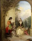 Medieval lovers beside an archway, a landscape beyond by Samuel Baldwin, 1844, oil on canvas, sold Feb 2015