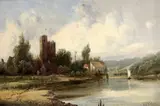 River landscape with cottages beside a castle by Alfred Henry Vickers, oil on canvas, sold Feb 2015
