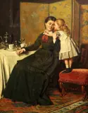 Interior with mother and daughter at the breakfast table by George Goodwin Kilburne, oil on canvas, sold Feb 2015