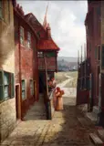 Figures in a Cornish back street by Valentine Teasland, oil on canvas, sold Feb 2015