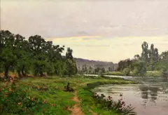 River landscape with figures on the bank by Leon Joubert, oil on canvas, sold Feb 2015