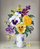 Pansies and Wallflowers by James Noble, oil on board, sold Feb 2015