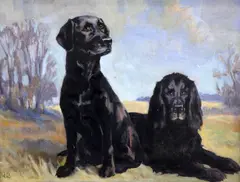 Portraits of a black Labrador and another hound,initialled,14.5 x 18.5in by James Bateman, oil on canvas board, sold Feb 2015