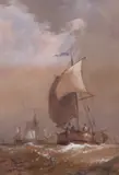 Fishing boats at sea by Richard Henry Nibbs, watercolour and body, sold Feb 2015