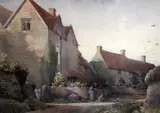 Figures beside cottages,11.5 x 17in by David Woodlock, watercolour, sold Feb 2015