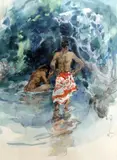 Figures bathing in a woodland pool by Charles Nicolas Sarka, watercolor, sold Feb 2015
