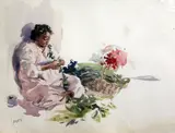 Tahitian woman making a floral garland by Charles Nicolas Sarka, watercolour, sold Feb 2015