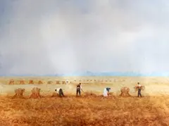 Harvesters at work by John Bond, watercolour, sold Feb 2015
