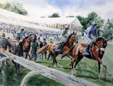 On the Course, Ascot by Gordon King, watercolour, sold Feb 2015