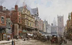 'Bridge Street, Chester, looking north towards the Cross and St. Peter's Church. On the left "The Dutch Houses"' by Louise Rayner, sold Nov 2011