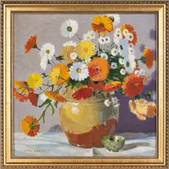 still life of a basket of flowers by Carl Lawless, oil on canvas, sold Oct 2013