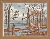 landscape with mallards landing on a pond by David A. Maass, oil on board, sold Oct 2013