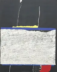 Untitled (Composition in Black, Blue, Red, and Yellow) by Ruth Eckstein, paint, paper collage, sold May 2024