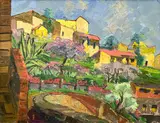Untitled (Village Scene) by Albert Bela Bauer, oil on canvas, sold Jun 2024