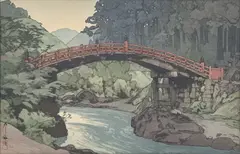 Sacred Bridge at Nikko by Hiroshi Yoshida, 1936, woodcut, sold Jun 2024