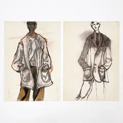 Illustrations for Geoffrey Beene, Group of 2 by Joe Eula, pastel and marker on paper, sold Jul 2024
