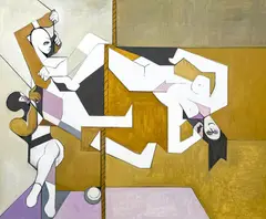 Untitled (Acrobats) by Leonard Alberts, 1981, oil on canvas, sold Jul 2024