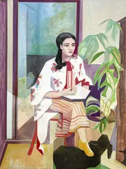 Untitled (Woman with Dog) by Leonard Alberts, oil on canvas, sold Sep 2024