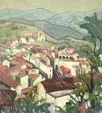 Untitled (Village) by Albert Bela Bauer, oil on canvas, sold Sep 2024