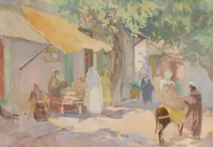 Rue orientale animée by Henri Jean Pontoy, Gouache, sold Nov 2021