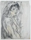 Portrait de femme au fichu blanc by Pierre Combet-Descombes, Technique mixte : fusain, pastel et grattage, sold Jul 2021