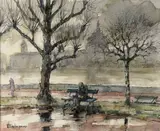 Vieil homme endormi sur un banc sur les quais du Rhône dos à Hôtel-Dieu by Willy Esslinger, Aquarelle et encre (lavis), sold Jul 2021