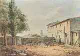 Jeune berger dans une cour de ferme, avec probablement la cathé­drale d'Aix au fond by Jean Antoine Constantin D'Aix, Plume et encre brune, lavis brun et aquarelle, sold Oct 2016